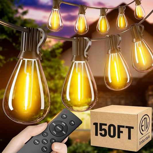 150FT Patio String Lights Outdoor, 55+2 LED Shatterproof Bulbs with Remote & Timer, 2700K Dimmable Waterproof Hanging Decor for Backyard, Garden, Porch, Balcony, Wedding Party Lighting