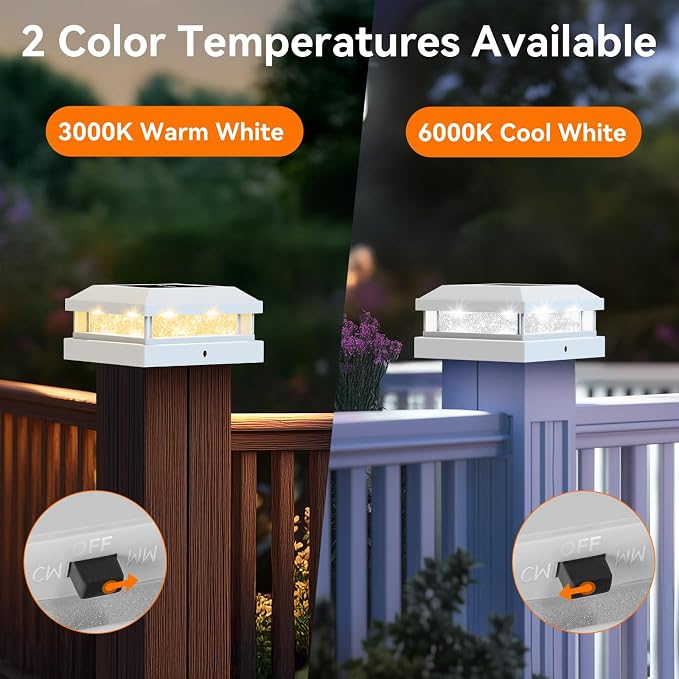 Brightever 4x4 Solar Post Cap Lights Outdoor, Waterproof Solar Powered Fence Post Lights for 5x5 Vinyl/Wooden, White Outside 16LEDs Warm/Cool Lighting Deck Light for Garden, Patio, Porch, 12-Pack