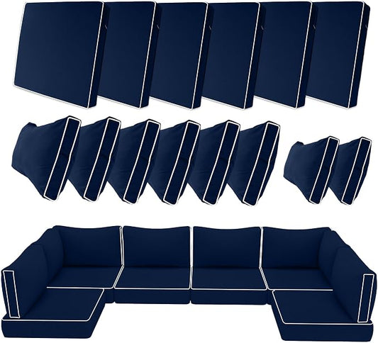 14 Piece Outdoor Furniture Replacement Cushions, Cover+Filling, 25.6" x 25.6" x 4" Foam Waterproof Outdoor Sofa Cushion Sets, Fit Wicker Rattan Sectional Conversation Set,Navy Blue+white Piping