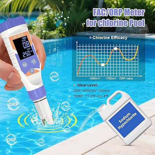 7-in-1 Digital Water Tester – Chlorine, pH, Salt, ORP, EC, TDS & Temp Meter for Pools, Spas & Hydroponics，Chlorine