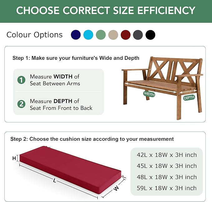Summsun Outdoor Bench Cushion: Waterproof and Fade Resistant Patio Furniture Cushions - Non-Slip Bench Pad Cushion with Removable Cover for Garden Swing Porch Sofa Settee, 59 x 18 Inch, Red
