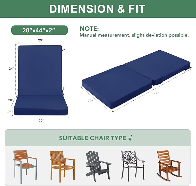 Summsun High Back Patio Chair Cushions Set of 4, Outdoor Dining Seat Cushion with Splash-Proof Removable Covers, Ties, Non-Slip Bottom for Garden Lawn Patio Furniture, 44 x 20 Inch, Navy