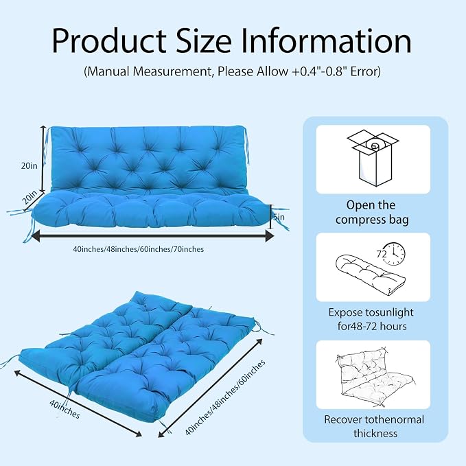 5" Thick Waterproof Porch Swing Cushion 48 x 40 in 3 Seater Replacement Outdoor Swing Cushions with Back Support Patio Swing Cushion for Outdoor Bench Furniture