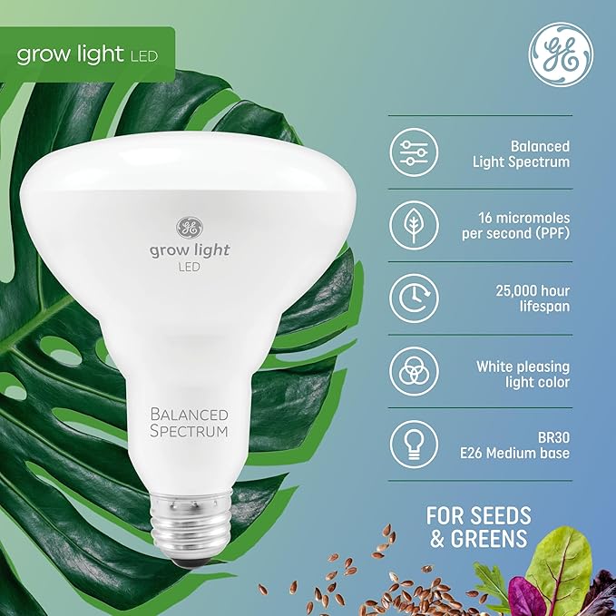 GE Grow Lights for Indoor Plants, BR30 Indoor Floodlight, LED Light Bulbs for Seeds and Greens with Balanced Spectrum, 25,000 Hours Lifespan, 16 PPF, 4 Pack (Packaging May Vary)