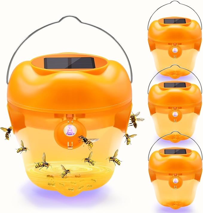 Wasp Trap, Solar Wasp Traps Hanging, Reusable Yellow Jacket Trap with LED Light, Wasps Killer, Bee Hornet Traps for Outside Orchard, Farm, Garden, Patio, Courtyard (4, Yellow)