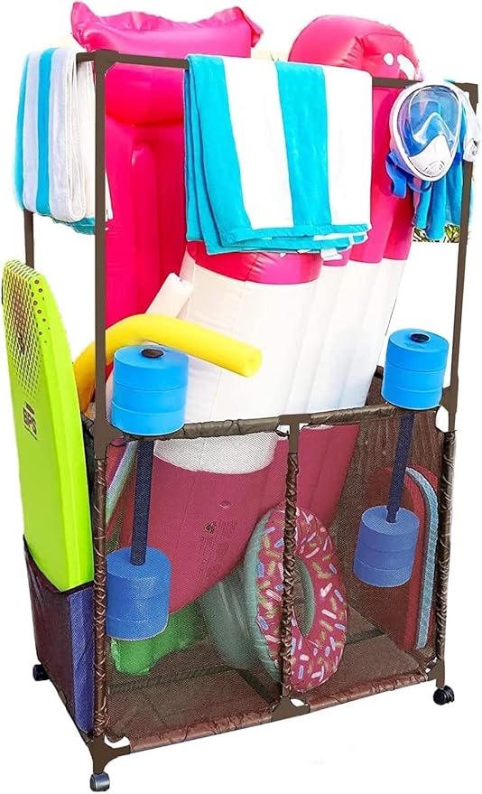 Pool Equipment Holder with Towel Drying Bars, Mesh Rolling Multi Use Storage Organizer Bin, Large Towel Hanger (25" L x 34.5" W x 62.6" H), Brown