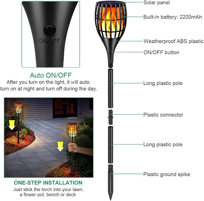 Solar Torch Lights Outdoor with Flickering Flame, Upgraded 96 LED 43 Inch Waterproof Dancing Flames Solar Garden Lights, Auto Dusk to Dawn Landscape Decoration Pathway Patio Lights, 4 Pack