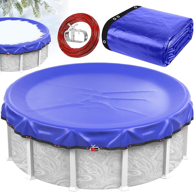 28 Round Pool Cover Above Ground with Cable and Winch,Extra Thick Durable Above Ground Swimming Pool Protection Cover,Tear-Proof,UV-Resistant,Reinforced Edges,Waterproof & Dustproof,Round Pool Cover