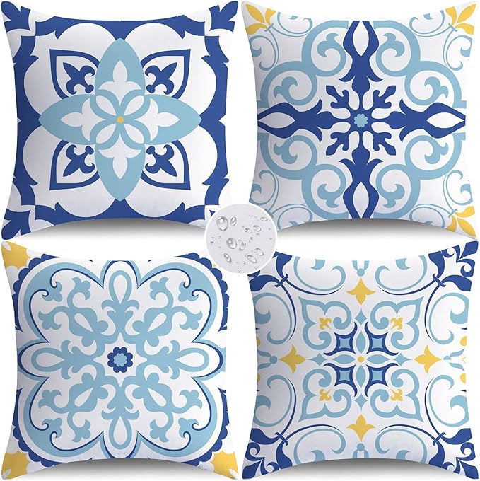 NIGHTWISH Outdoor Waterproof Pillow Covers 20x20 Set of 4 Blue Boho Decorative Outdoor Throw Pillows Floral Cushion Cases for Patio Furniture Bench Couch Sunbrella
