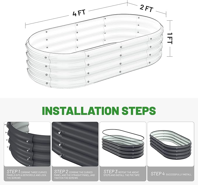 Raised Beds for Gardening, 4x2x1ft for Lightweight Garden Boxes with Easy Assembly, Oval Large Galvanized Planters for Outdoor Plants, Vegetables, Fruits, Flower,Black