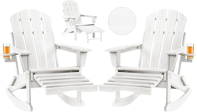 Folding Adirondack Rocking Chair Set of 2,4-in-1 Multifunctional Patio Chairs with Retractable Ottoman, Outdoor Chairs Wood Texture, Lawn Chair for Porch, Backyard, Pool(White)