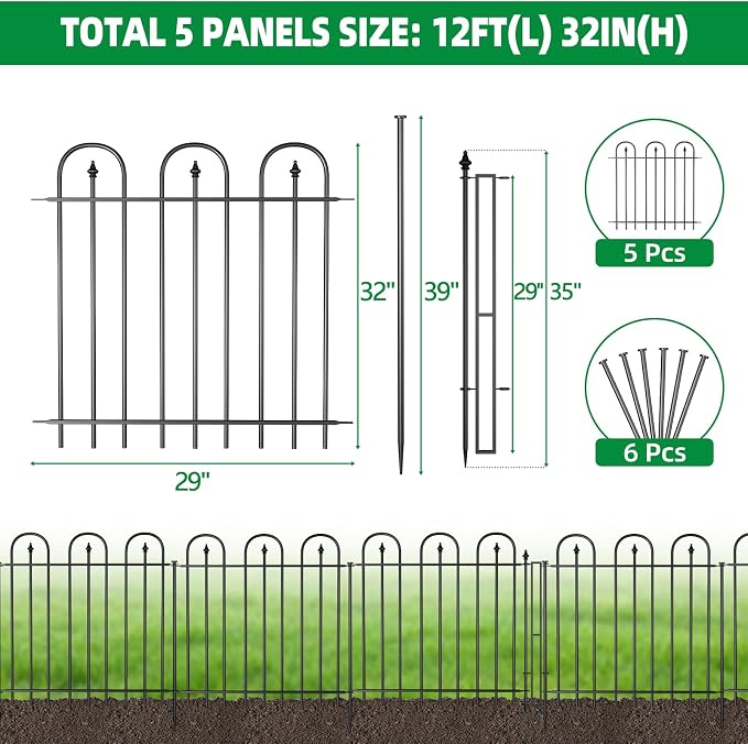 Garden Fence with Gate - 5 Panels, 32 in(H) x 12 ft(L) No Dig Animal Barrier, Arched Decorative Garden Fence Border with Ground Stakes, Rustproof Metal Fencing for Yard Patio Dog Rabbit