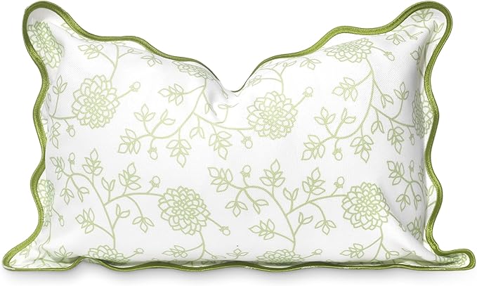 Hofdeco Premium Coastal Patio Indoor Outdoor Scalloped Lumbar Pillow Cover Only, 12"x20" Water Repellent for Backyard, Couch, Green Print Dahlia Floral