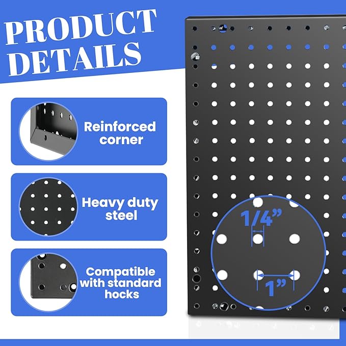 Heavy Duty Steel 4 Panel Metal Peg Board, Wall Pegs for Garage Organization, Garden Tools Storage (Black,32" X 24")