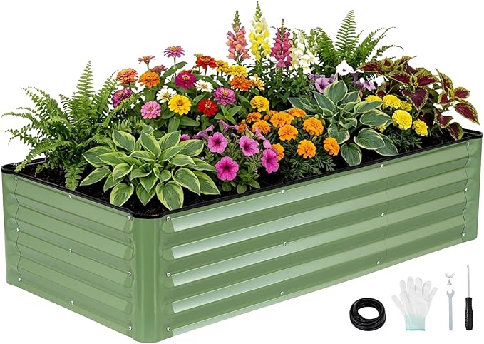 INNO STAGE Galvanized Raised Garden Bed Kits, 4x2x1ft Metal Raised Garden Beds Outdoor, Steel Raised Planter Bed with Gloves for Vegetables & Flowers Patio Ground Planter Box (Olive Green, 1PC)