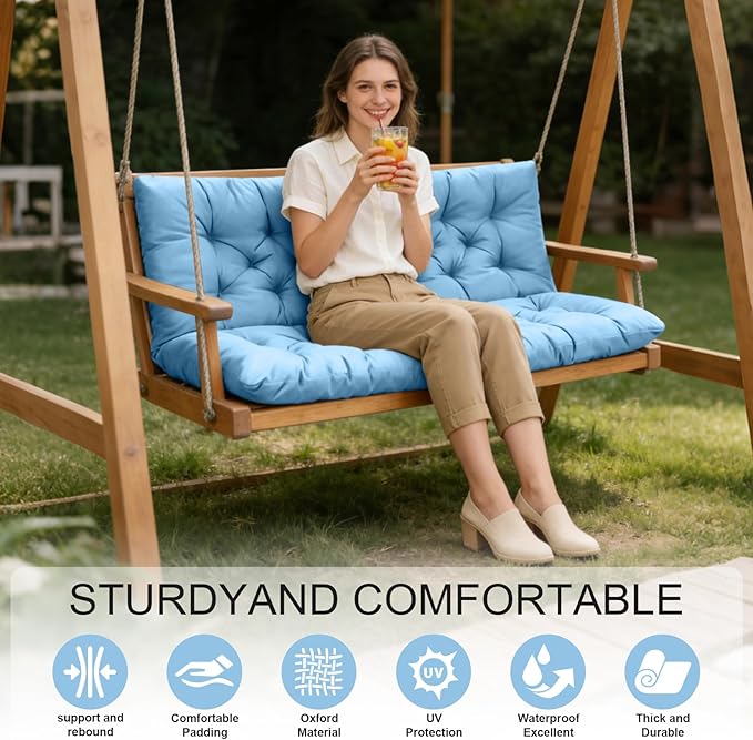 Porch Swing Cushions, Outdoor Swing Replacement Cushions 3 Seater with Backrest, Waterproof Bench Cushion with Ties,for Patio,Porch, Garden,Backyard