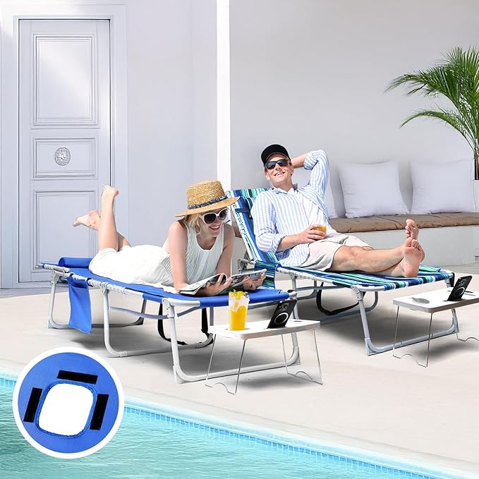 Yestomo 3-in-1 Sun Tanning Chair with Face Holes, Breathable Chaise Lounge Chair Outdoor, 5-Position Recliner, Lay Flat, Folding Side Table, Removable Pillow, Max 330lbs, Beach, Patio, Camping, Blue