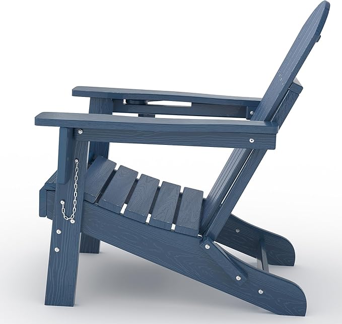 GarveeLife Folding Adirondack Chair Set of 2 with Side Table, All-Weather HDPE Outdoor Chair, Wooden Textured with Cup Holder for patios, Decks, Gardens, fire pits, Navy Blue