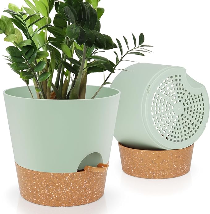 YNNICO 10-Inch Plant Pots, Self-Watering Planters with Drainage Holes & Saucers for Indoor and Outdoor Plants (2-Pack, Green)