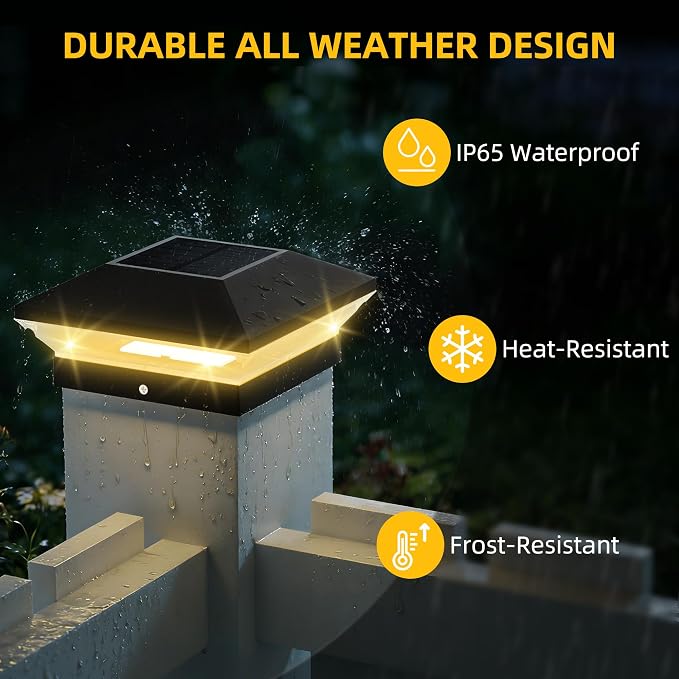 T-SUN Solar Post Cap Lights Outdoor 6 Pack, 2 Modes LED Fence Post Solar Lights Fit for 4x4 5x5 6x6 Vinyl/Wooden Posts, Waterproof Deck Post Lights Solar Powered for Garden Patio Gate Porch