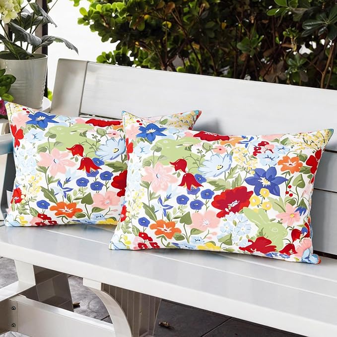 Adabana Spring Outdoor Waterproof Floral Pillow Covers Set of 2 Square Colorful Couch Cushion Cases 20x12 Inch Waterproof Decorative Pillows for Patio Garden Beach,Colorful