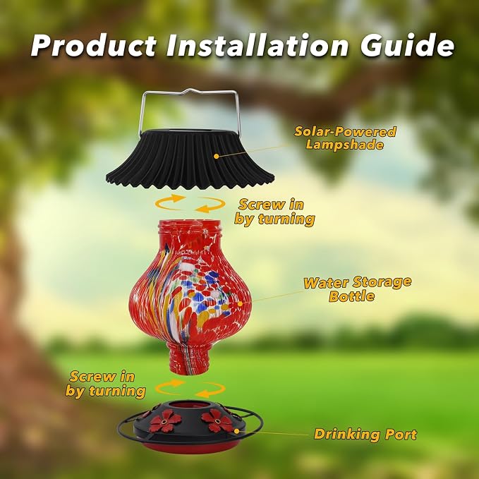Solar Glass Hummingbird Feeder for Outdoors- 26 fl.oz Best Solar Hummingbird Feeders- 5 Feeding Ports with Perch - Wasp Leak Proof- Perfect Hand Blown Glass Color Changing for Outdoors Hanging (Red)