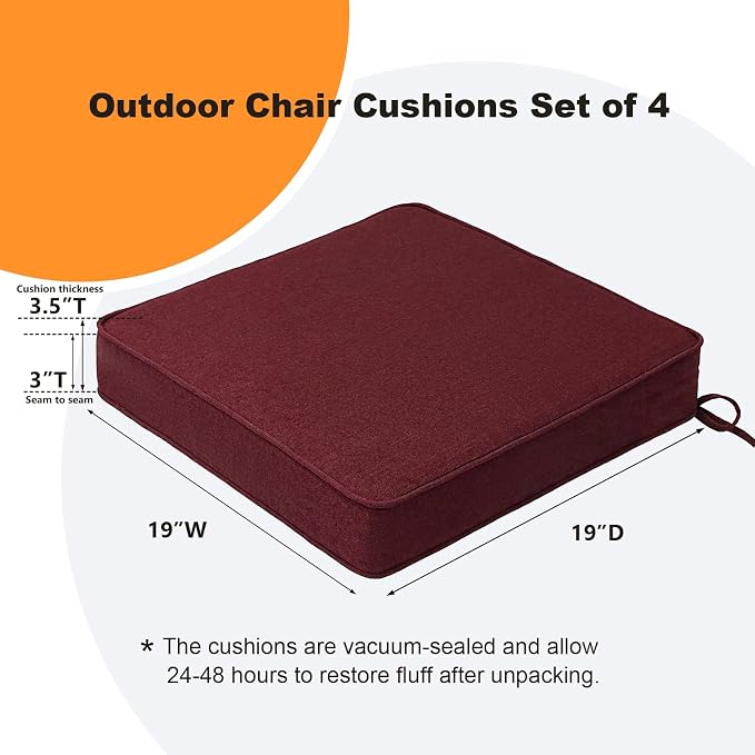 Unimatta Sunbrella Square Corner Seat Cushions, 19" x 19" x 3", Set of 4, Indoor Outdoor Water Repellent Universal Chair Pads with Ties for Patio Furniture, Garden Dining Chairs, Spectrum Ruby