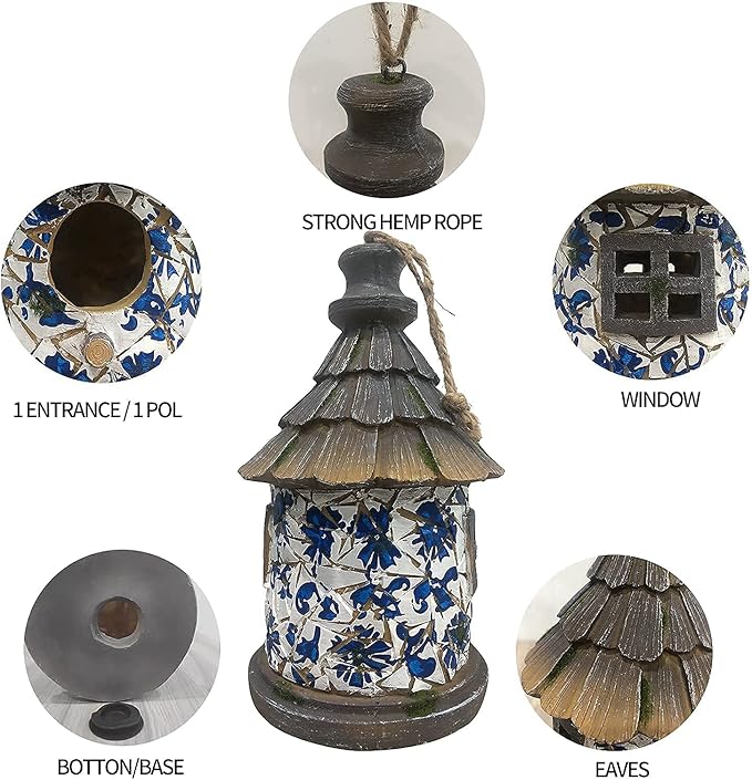 OUSHUAI Bird House for Outdoor with Pole Garden Decor Hanging Birdhouses Weatherproof BirdNest for Outside Bluebird, Finch, Wren, Chickadee, Wild Birds Big Size Resin White Bule