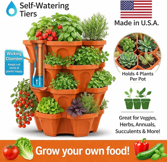 Vertical Garden Planter 4 Tier Stackable System 16 Plants, Space Saving Herb, Strawberry & Food Crop Planter with Center Support Hole for Indoor Outdoor Gardening (4, Terracotta, Large)
