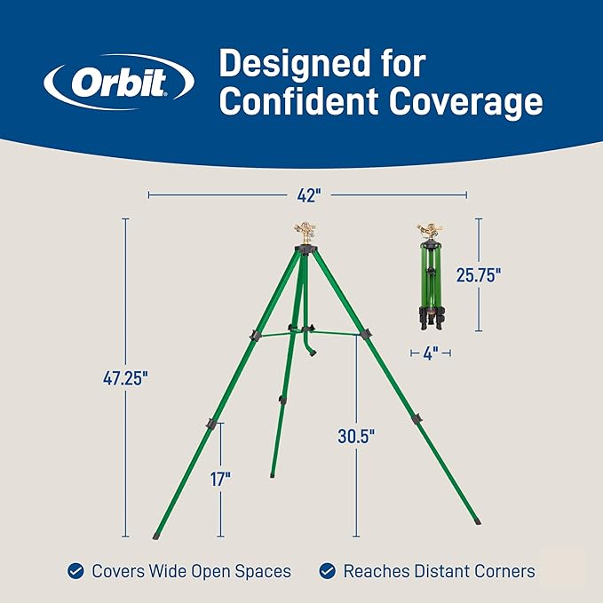 Orbit 56667Z Tripod Lawn Zinc Impact Sprinkler - 360 Degree Rotating Sprinkler