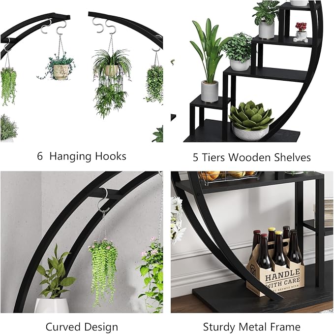 IDEALHOUSE 2 Pack 5 Tier Tall Indoor Plant Stand, Metal Half Moon Tiered Flower Rack, Space-Saving Design with 6 Hangers for Multiple Plants Display, Decorative Shelf for Home & Outdoor,Black