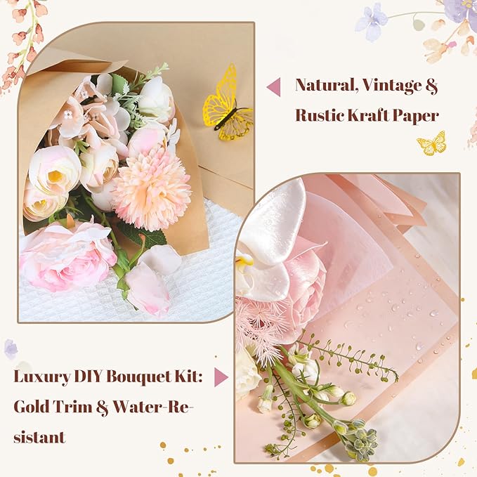 Ecoofor Flower Wrapping Paper Set, 80 Sheets Waterproof Translucent Gold Edge Floral Paper & Kraft Paper, 23 x 23 in & 23.6 x 23.6 in, with 3D Butterflies & 3 Colors Ribbons for Bouquets, Gifts & DIY Crafts