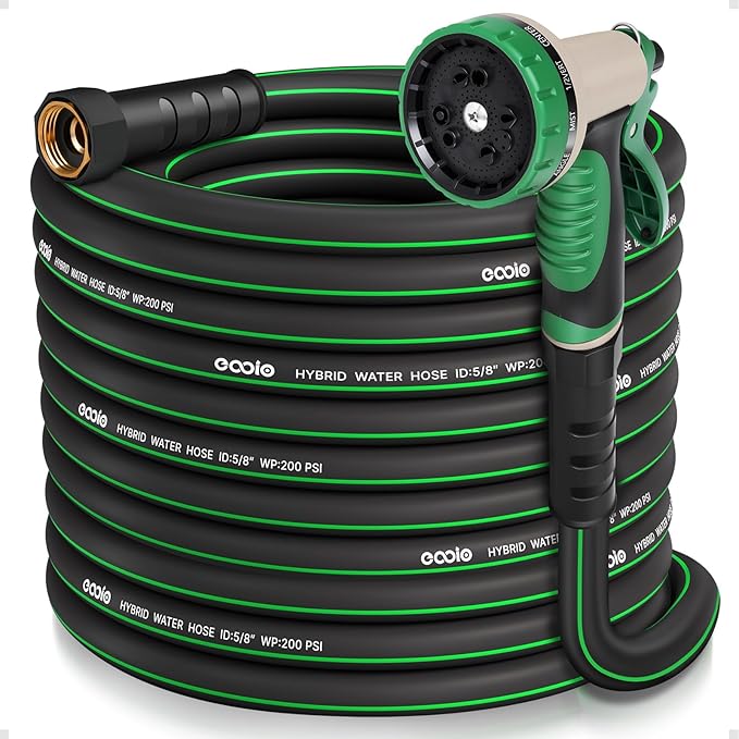 Heavy Duty Garden Hose 50 ft, NON-EXPANDABLE Water Hose with 10 Function Spray Nozzle, Lightweight Kink-less Hybrid Hose with Swivel Handle, Male to Female Fittings