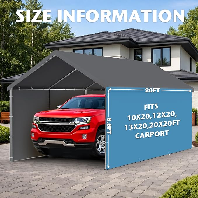 Carport Replacement Canopy Sidewall 20x6.6FT Fits 10x20,12x20,13x20,20x20FT Carport, Waterproof & UV Protected, with Ball Bungees (Only Sidewall, Frame Not Include) (Grey, Sidewall 1 Pack)