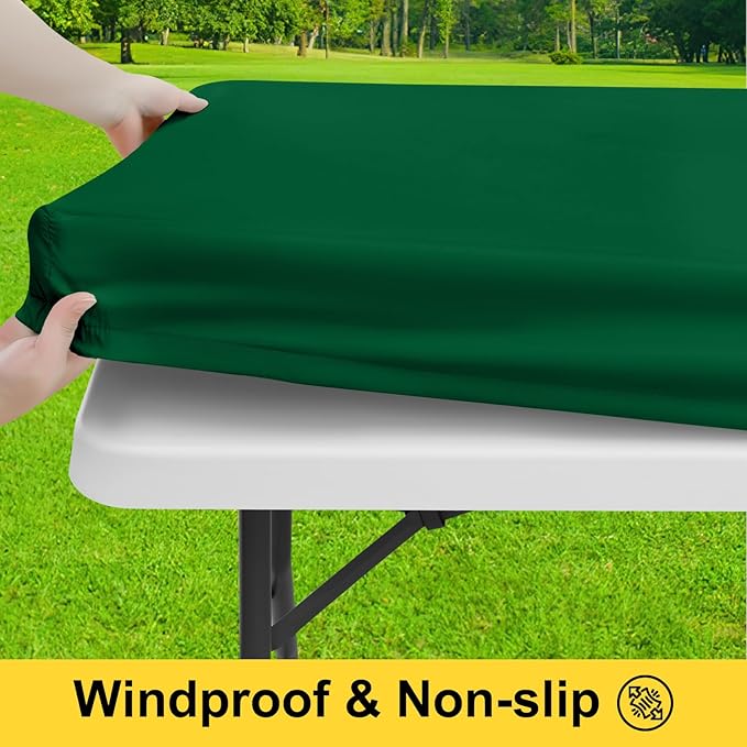 Smiry Picnic Table Cover with Bench Covers, Waterproof Elastic Fitted Polyester Tablecloths for 8 Ft Rectangle Tables, Washable Windproof Tablecloth for Outdoor, Camping (Emerald Green, 30x96 Inches)