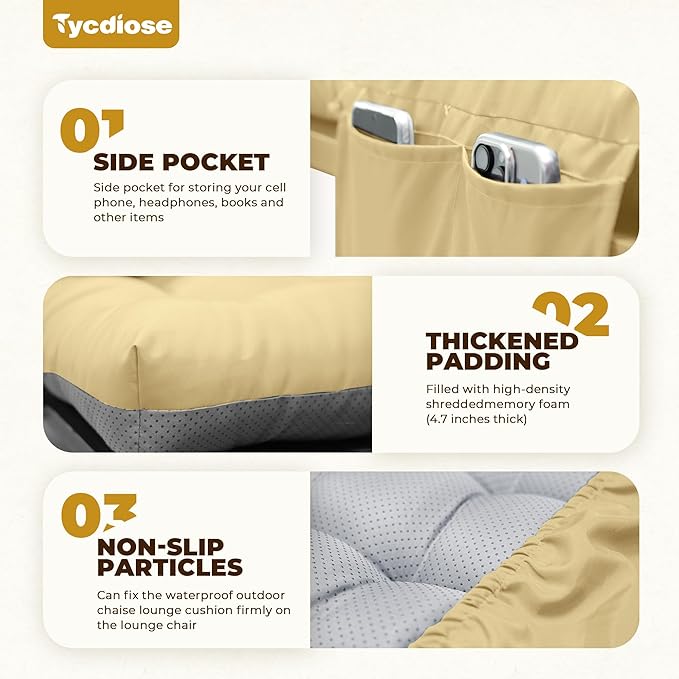 Outdoor Lounge Chair Cushion, Waterproof Replacement Chaise Lounge Cushions for Outdoor Furniture Thickened 71 x 22 x 4.7 Inches Non-Slip Patio Pool Lounge Chair Cushions with Ties (Khaki)