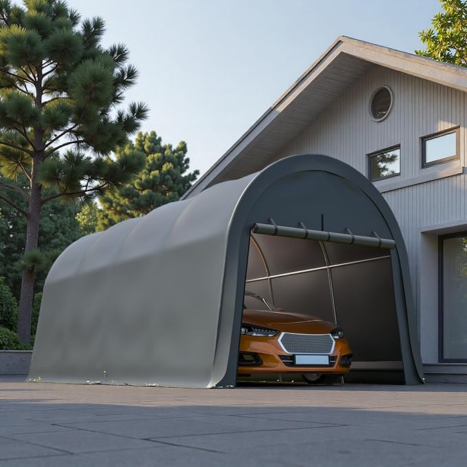 10x20 FT Anti-Snow Carport, Heavy-Duty Portable Garage with Steel Frame & Vented Roof, Removable Double-Zipper Door, Waterproof Outdoor Storage Shelter for Trucks, Boat, Easy Assembly, Grey