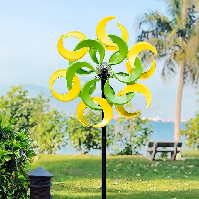 87" Wind Spinner Outdoor with Solar Light, Large Metal Wind Sculptures Spinners, Windmill for Garden Yard Patio Lawn Decor-Verdant Moon (23" W x 87" H)