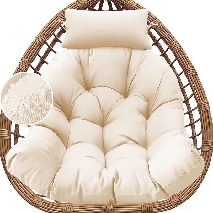 Waterproof Egg Chair Cushion Replacement, 47x33x7 Inches Thicken Outdoor Hanging Chair Cushion with Headrest Pillow, Cushions for Egg Chairs, Cream
