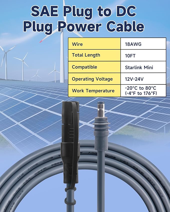SAE to DC Power Cable for Starlink Mini - Waterproof 10FT 18AWG Quick Connect Disconnect Wire Compatible with Starlink Mini DC 5521 Port - with Polarity Reverse Adapter for RV Solar Panel Battery