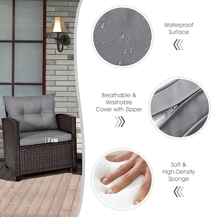 COSTWAY 3PCS Patio Furniture Set, PE Rattan Wicker Sofa w/Washable Cushion and Coffee Table, Tempered Glass Tabletop, Outdoor Conversation Set for Balcony, Porch, Yard, Backyard, Lawn (Grey)