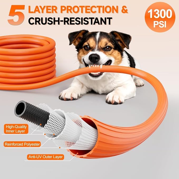 SPECILITE 5/8'' Heavy Duty Rubber Garden Hose 25FT, 1300psi Burst, 450psi Working, Hot/Cold Water Hose, -50℉ -170℉, 5 Layered Pipe, UV Resistant, 3/4" Brass Fittings for Outdoor, Agriculture