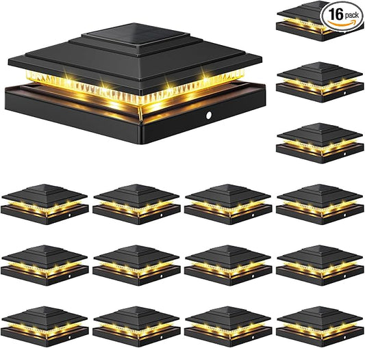 APONUO Solar Post Cap Lights 16-Pack, Black IP64 Waterproof 16 LED Fence Post Solar Lights for 4x4 5x5 6x6 Wood/Vinyl Posts, 2-Mode Deck Post Lights Solar Powered, 10-Hr Lighting for Patio Yard Porch
