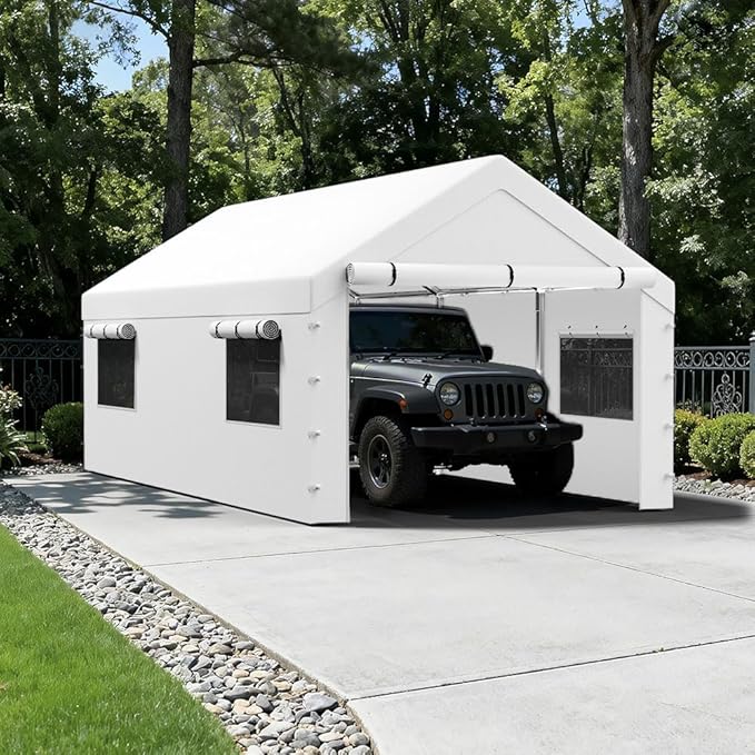 Carport Replacement Tarp Canopy, Sidewall Panel with Mesh Windows and Elastic Ball Bungees, for 10x20 FT or 12x20 FT Garage Party Tent Shelter - White, One Sidewall Panel Only