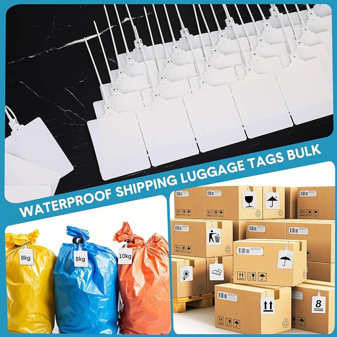 Novabright 400 Pcs White Waterproof Blank Plastic Shipping Tags Bulk 3.94" x 3.15" Large Writable Sealing Mark Labels Tie with String for Luggages Inventory Logistics Keys
