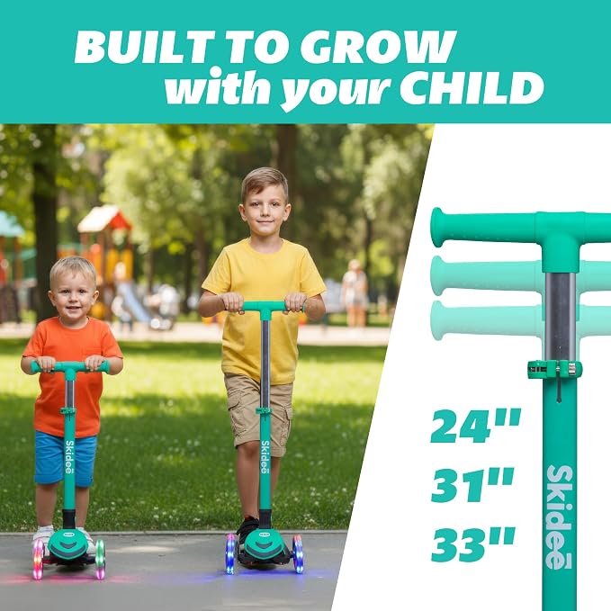 SKIDEE Kick Scooter for Kids Ages 3-5 | Foldable 3 Wheel Scooter with Lean-to-Steer, Adjustable Height, Removable Seat & LED Light Wheels | Toddler Scooter Up to 12 Year Old Boys/Girls