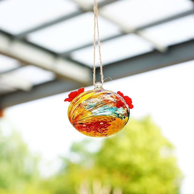 Set of 2 Hummingbird Feeders for Outdoors Hanging 3.2in Small Blown Glass Humming Bird Feeder for Window Humming Bird Feeders with 2 Flower Feeding Ports Decor for Outside Garden