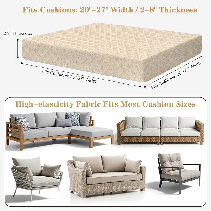 8-Piece High Elastic Outdoor Cushion Covers - Full Set Stretch Replacement Slipcovers for Seat & Back Cushions - Universal Fit for 4-Person Patio Sofa, Fits 20-27" Wide