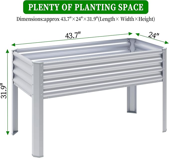 Galvanized Raised Garden Bed with Legs, 43×24×32in Large Metal Elevated Raised Planter Box with Drainage Holes for Backyard, Patio, Balcony, 400lb Capacity,Sliver