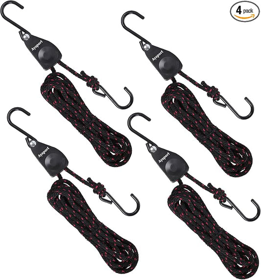 Ayaport Adjustable Rope Hanger Grow Light Hanger, 12Ft 1/4" Heavy Duty Plant Pulley Rope Tightener Ratchet Tie Down with S Hook for Kayak, Tarp, Tent Tie Downs, Hanging Plants, 4 Pack